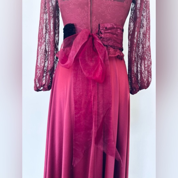 Vintage 70s Maroon Victorian Prom Dress Ruffle Maxi Lace Silky Disco Queen Small - Picture 6 of 10